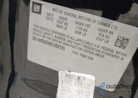 2012 Chevrolet Impala Lt z USA, uszkodzony, nr VIN 2G1WG5E39C1258735